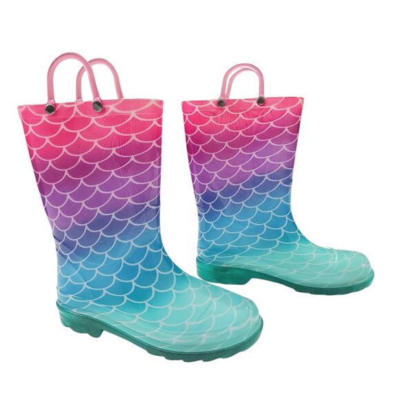 Members Mark Rain Boots Girls 13/1 Pink Green Light-Up Glitter Marmaid Ombre